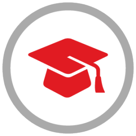 Icon of gray circle around red graduation cap.