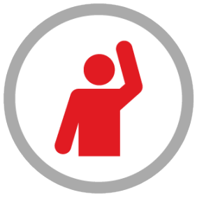 Icon of gray circle around red person holding up arm.